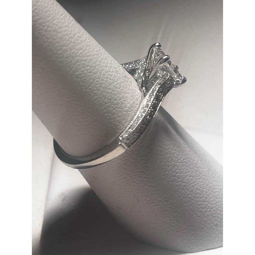 1.85 CTW Emerald Cut Hybrid Diamond Engagement Ring 18K White Gold Pave VVS2 F - Picture 5 of 6